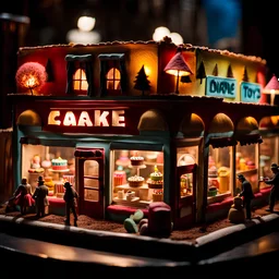 Close-up photograph of a diorama building, city, store, advertising, land-of-toys with detailed vintage toys made of cake-frosting and felt, strong texture, extreme detailed, movie shot, rich moody colors, night, nightmare