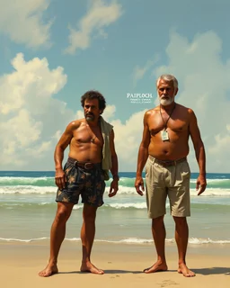 Bosch painting style (Steve McQueen), known as "Papillon" in French Guiana with Louis Dega (Dustin Hoffman), standing on the beach