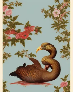 a repeating pattern of Vintage European chinoiserie wallpaper with dodo bird and oak leaf branches