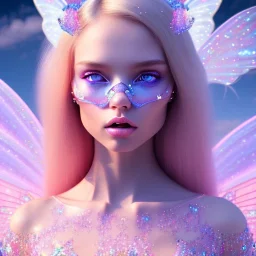  beautiful, soft, whide smile face, long blonde straight hair, blue eyes, fairy wings on the back, transparent crystal blue and pink clothes, background blue and pink, big definition, 8K