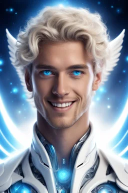 cosmic beautiful futuristic angelic man , with blue eyes and sweety smile