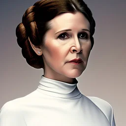 half-length color photo shoot, three-quarter face pose of carrie fisher as Princess Leia with realistic fine and very simple short hair, entrancing deep brown eyes, Intricate, High Detail, Sharp focus, realism, beautiful and detailed lighting, Nikon D850, ef 85mm 5.6 by Annie Leibovitz