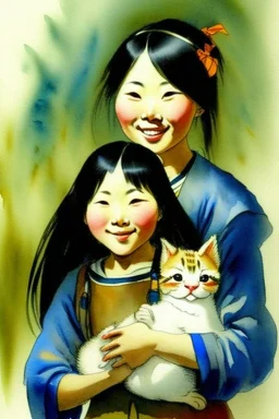 A cute smiling asian girl is holding a kitten. Watercolour