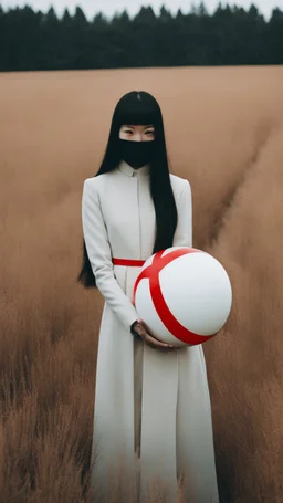 a no face woman with mask standing in a field holding red ball, inspired by Ren Hang, design milk, long black hair, whites, wanderers traveling from afar, trending on artisation, cloning spell, coat pleats, in twin peaks, submarine, by Helen Thomas Dranga, symetry, round-cropped, noire photo