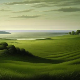 A green grassy field near a beach painted by Caspar David Friedrich