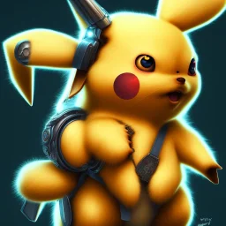 Portrait of Pikachu, intricate, sharp focus, highly detailed, digital painting, concept art, masterpiece, high key lighting, volumetric light high details, forest background, cyborg,