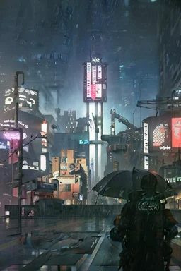 Cyberpunk district with giant foggy skyscarpers, cars, FoV: 100, HD, Unreal Engine 4, heavy rain, rainy streets reflection, neon signs, low contrast, grainy, less color, titanfall,