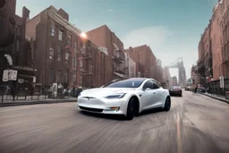 A Tesla 'Model S' is racing at top speed, in Greenwich Village, in Manhattan. CINEMATIC. WIDE ANGLE LENS. PHOTO REAL.