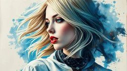 old worn canvas, layered, embossed, double exposure, artistic luminous soft watercolor, glitter, medium ground, luminosity, highlights, gold fragments, shine, light effects, artistic luminous, portrait of a female cyborg in flowing clothes, blonde hair, red lips, wind, blue space, planet, clear lines, layered, blending, textured, surreal, 3D, 8K, best quality, fine rendering, high detail, hyperrealism, high resolution, high definition, layered, pin sharp, hyperfocus, vignette