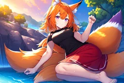 Girl, fox ears, one big fox tail, orange hair, red skirt, river, fox foot ,lies on the shore, purple fox eyes, black T-shirt, wet, happy, fox paws foot, fox legs