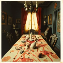 Close up polaroid photography of spooky room, eerie, table, Max Ernst, hypnotic, obsessive, hypermaximalist, colors, details of the table very accentuated, filthy pieces of dismebered body, strong contrasts and dynamism