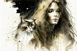 long haired woman with cat, white watercolor and black ink, golden glitters