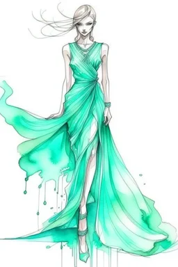 Watercolor fashion mint futuristic dress sketch