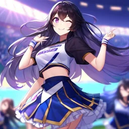 Clear focus,High resolution,High quality, Cheerleader, Smiling, Eyes closed, Black long hair flowing with the wind, Purple eyes