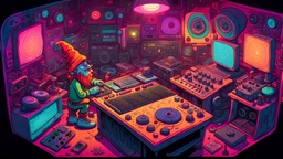 (top view perspective) a neon detailed cartoon adventure in a psychedelic gnome music producer all alone in his old, dilapidated music mushroom studio. analog music equipment all over. rare rave posters on the walls. tiny details in every corner of the room. urban background. 2 turntables and a mixer, tb303. gnomes hanging out in the room. crazy new music equipment that is futuristic. large speakers in the corner of the room. a sign reading: "Tomasito". both sides frame mushroom border