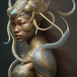 Sango fantasy, fantasy magic, intricate, sharp focus, illustration, highly detailed, digital painting, concept art, matte, art germ and Paul Lewin and Kehinde Wiley, masterpiece Indonesian lady head bronze tiger Asian African girl nice breast Hawaiian hair turquoise silver waves