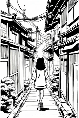 young girl walk thought Japanese alleys, line arts