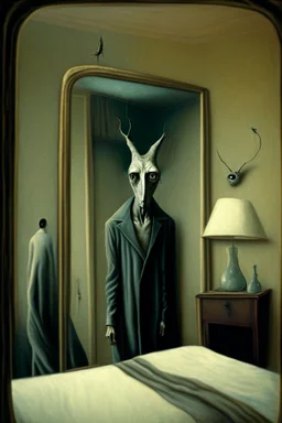 a man with distinct personality by ashley wood, leonora carrington, hieronymus bosch and mark ryden, alone in a hotel room : : portrait through a mirror : : ultra - detailed technical precision : : matte painting, high definition 3 d render, unreal engine