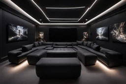 a black themed dedicated home cinema room with LED ambient lighting in the walls make sure the room is completely symmetrical