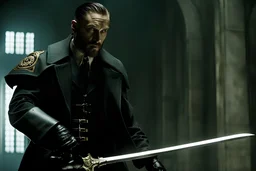 Action shot of Tom Hardy as Father Alexander Anderson from the live action "Hellsing" movie based on the anime of the same name. He is throwing glowing daggers