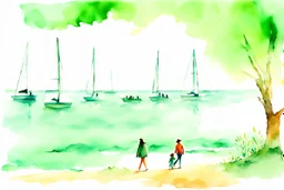 #dailychallenge #wasabigreen MJ P: watercolor morning lights, sailboats on the seashore, seagulls, people and park animals walking, birds, medium dark shade of green