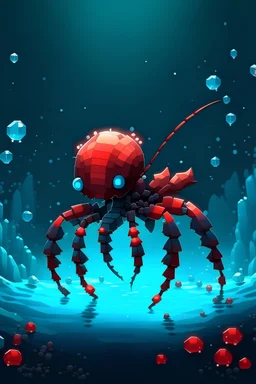 A Ant pixel with a touch of red brilliance and delicate crystal formations, gliding gracefully through the mysterious underwater realm.