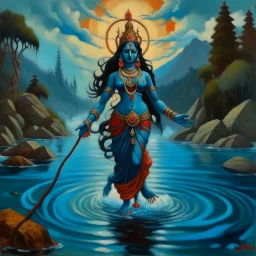 An oil painting of goddess Kali crossing a lake