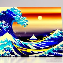 kanagawas wave with Ship in the middle by Hokusai,lighting, origami style, paper cut style