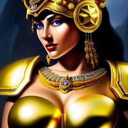 ultra detailed fullbody Portrait in oil on canvas of a beautiful busty woman with Gold Saints Armor with helmet,extremely detailed digital painting, extremely detailed face,crystal clear Big eyes, mystical colors ,perfectly centered image, perfect composition,rim light, beautiful lighting,8k, stunning scene,extremely sharp detail,finely tuned detail, ultra high definition raytracing, in the style of robert e howard and pablo oliveira and Ken Kelley and Ohrai Noriyoshi and Simon Bisle