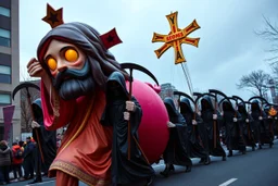 macys thanksgiving day parade style cartoonish jesus parade balloon pulled by multiple grim reapers, multi colored, bright, vivid, psychedelic, high detailed, high gloss, insanely detailed, matte, horrorcore, lining the street, unsettling contrast, monument to death, live action shot grim reaper parade, pulling a jesus parade float
