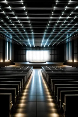 auditorio de escuela rectangular pequeño con escenario, con iluminacion blanca de tubos fluorescentes lineales rectangulares, sobre las hileras de las gradas. decoracion simple de colores claros
