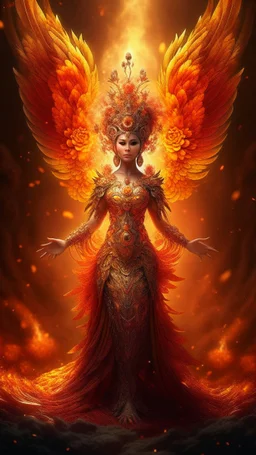 Full body wide-angle RAW photo, fire queen wearing luxurious and ornate clothes, fully covered, holding a ball of fire, opals and floral decorations, fractal wings texture, coming out of a burst of fire, winter scenery in the background, beautiful Indonesian woman's face, skin high detail, phoenix, fire, 8k uhd, dslr, soft lighting, high quality, film grain