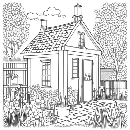 GARDEN HOUSE, "Blossoming Buds: Bring to life the budding flowers in the Garden House, full view, realistic, coloring page, only draw lines, coloring book, clean line art, wildlife-inspired, kid style, –no sketch, color, –ar 3:4, white background, minimalistic black lines, 8k, minimal black color, low level black colors, coloring page, use pure black and white colors, avoid thick black colors, thin black line art, avoid colors, perfect shape, perfect clear lines, clear edges,