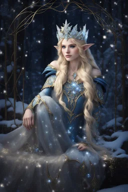 Elven princess,elven crown,long blonde golden hair,rapunzel hair,ice flowers,beautiful,light blue,dark blue,golden armor,sparkle,glitter,ice flowers,snow,elven ears,dark fairy princess