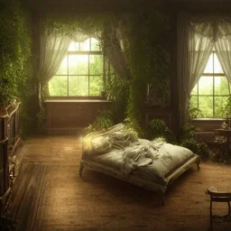 a gorgeous, stunning darkwood room with large window and gorgeous forest view, decorative pillows, candles, gauzy curtains, decorative foliage, plants, tranquil, 8k resolution, high-quality, fine-detail, digital art, detailed matte, volumetric lighting, illustration, 3D octane render, brian froud, howard lyon, selina french, annie stokes, lisa parker, greg rutowski,