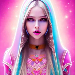 beautiful, soft, smiling face, whole head, long straight blonde hair blues eyes, crown on the head, clothing in transparent bluish and pink veil, background brillante bluish and pink, hight definition, 8K