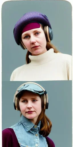 Everything she wear is in the image. of young woman, plum-blue-magenta-camouflage. She wears mantel and simple blouse.Felt cloth visor with tippet. SMALL FELT CAP is merged to Old AKG headphones with recognizable Golden rings! cloth materials are denim and felt cloth mixed. Fashion 1990's. Colors: Cream white, zinc plate, red ochre, ochre, orange - all mixed. Thick tights. Thick calves. She is in figure from top to toe.