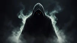 Dark hooded figure, mysterious, evil, back smoke, dark background, glowing eyes