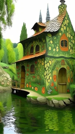 Bosch nightmares, A house by the lake designed in cave paintings painted by Paul Ranson ,