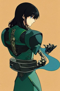 Motoko Kusanagi from "Ghost In The Shell (1995)", clad in medieval stell plate armour, alone, blue eyes, perfect, beautiful, black hair, in the style of 90-s anime, androgynous, melancholic, moody