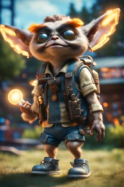 gremlins scout pimp hippie, hovering with glowing jets from rocket backpack in the backyard, in the style of a fallout 4,bokeh like f/0.8, tilt-shift lens 8k, high detail, smooth render, down-light, unreal engine, prize winning