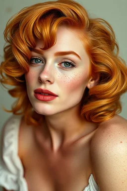 A picture of Marilyn Monroe , Incredibly beautiful ginger haired woman with freckles. wavy hair, raw photo