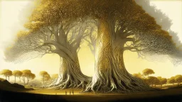 Valinor, tolkien, two giant trees, one giant golden tree, one giant silver tree,