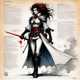 character concept sheet with AD&D statistics and characteristics, [illustration by Ralph Steadman] The Bloodreaver character class, she has the power of blood that creates lights and smoky magic around, plus brutal strike