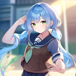 Clear focus, High resolution, short light blue hair, low twintails behind head, ribbion on twintail, straight long locks, green eyes, wearing a sailor uniform, wearing a sailor skirt, wearing a brown vest, cute, 1girl