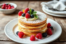 Napoleon cake, layers of puff pastry and creamy custard, dusted with powdered sugar and adorned with fresh berries, set on a pristine white plate, amidst a rustic wooden table backdrop, illuminated by gentle, warm lighting, invoking a serene, homely ambiance, ultra fine, octane rendering.