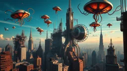 a stunningly weird image of a futuristic metropolis using Salvador Dali's paranoiac-critical method, where buildings and structures appear to melt into the skyline cityscape is filled with floating medusas and mad, twisted metal shapes that interact with the buildings and each other, forming a surreal tableau of a dreamlike reality. neu-steampunk vibe, essence of the scene in a cinematic manner, with dramatic shadows that enhance the distorted perspectives and bizarre mood