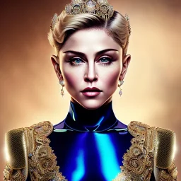 madonna, Cyborg queen, light blonde hair, pixie hairstyle, cobalt eyes, waist up portrait, 8k resolution, intricate details, ornate details, soft lighting, vibrant colors, masterpiece, intricate eyeliner, dark eyeshadow, eyes, intricate tattoos, gradient background