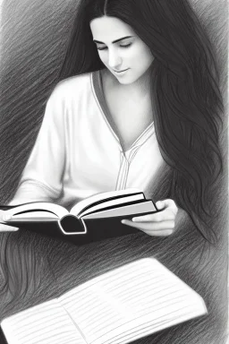 Pencil sketch of Young woman, Arab features,sad, long wavy hair, reading a book, full body، on lined paper