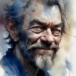 dnd, fantasy, watercolour, large strokes, stylistic, portrait, illustration, dull colours, male, face, weathered face, sly, violent, evil, smiling